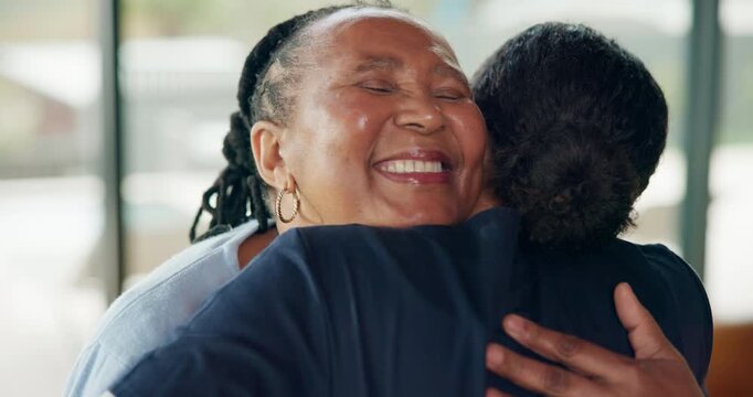 Caregiver, senior woman and hug for support, care and recovery for healthcare together. Happy people, nurse and embrace in house for treatment success, thank you and medical wellness in retirement
