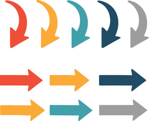 arrows, direction, pointer, navigation, movement, forward, backward, left, right, up, down, red, orange, yellow, teal, blue, gray, set, collection, graphic, illustration, design, element, icon, symbol