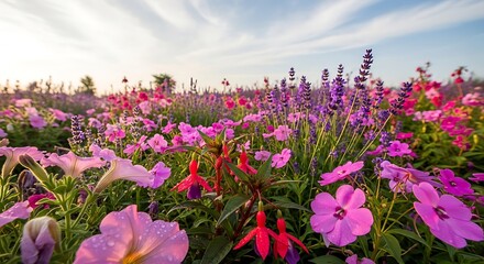 Vibrant Flower Field Under a Bright Sky at Sunset.