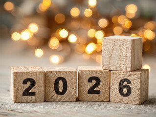 Eight wooden blocks with 2 and 2026 arranged in vertical sequence to spell out the year 2026, placed against a softly blurred background of festive lights Natural brown wood grain patt - AI-Generated
