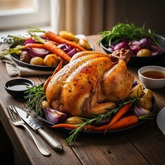 Roasted Chicken Dinner with Vegetables - A Festive Holiday Meal.