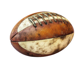 Worn leather football, laces prominent. Close-up on black background