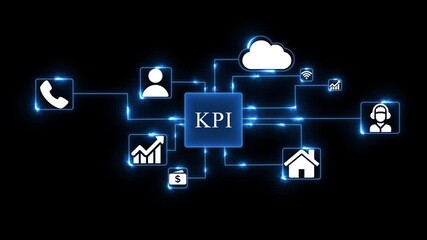Key Performance Indicator K P I network diagram with glowing lines connecting icons for business growth customer service communication finance and cloud technology on a dark background - Powered by Adobe