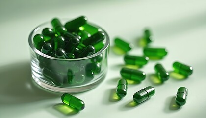 Green gelatin capsules fill glass container and scatter on surface. These pills suggest health, wellness, and natural supplements for body care and vitality.