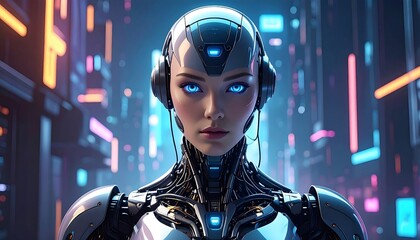 A cyborg woman with blue eyes and futuristic headphones stares intently. Neon lights and blurred cityscape act as a backdrop