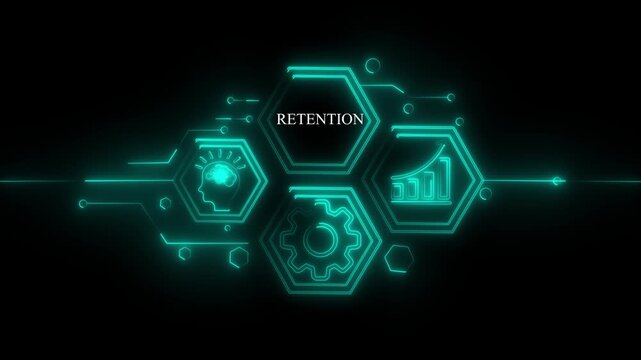 Neon Hexagon Network Retention Brain Growth Gear Chart Upward Trend Abstract Technology Concept business growth