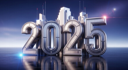 Celebrate future success with stunning 2025 metallic numerals reflecting a modern city skyline, perfect for New Year or business growth themes.