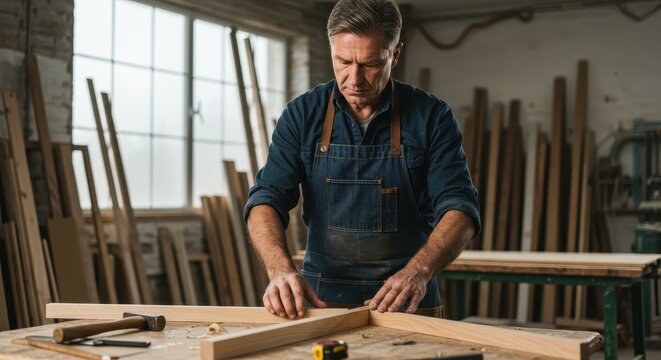 Skilled craftsman works with wood pieces in a workshop. - Powered by Adobe