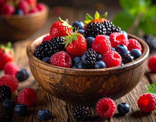Fresh mixed berries in wooden bowl on rustic table