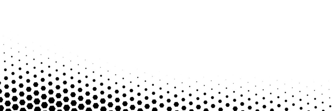 Hexagon halftone gradient texture. Abstract black and white spotted grunge background. Geometric retro tech wallpaper. Fading wavy hexagonal pattern backdrop. Vector vanishing honeycomb grunge overlay