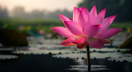 Stunning pink lotus flower blooms gracefully on tranquil water at sunrise, evoking peace and natural beauty.