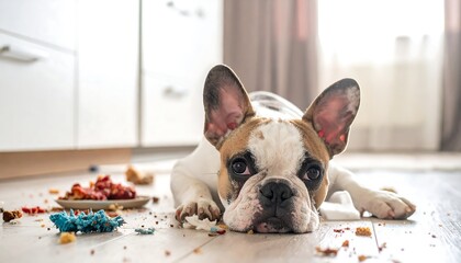A French bulldog rests on a hardwood floor after a presumed mishap. Food debris is scattered around it near a cabinet and curtain