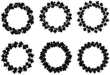 Elegant botanical wreath set, hand-drawn leaf circle frames, nature-inspired decorative design elements, black silhouette vector, floral ornament collection