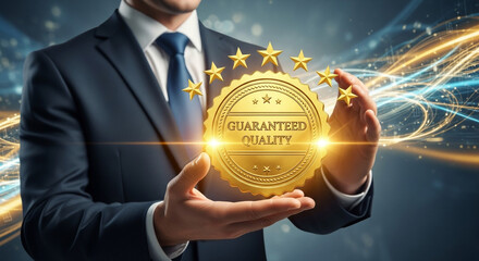Professional businessman proudly presents a golden seal of guaranteed quality and excellence, symbolizing trust and premium standards in a dynamic, modern business world.