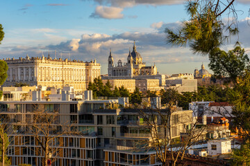Madrid cityscape with Royal palace and La Almudena cathedral at sunset, Spain