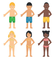 6 Boys and Girls Children Swimsuit Bather Character. Blonde and Black Hairs, White, Brown and Black Skins, Wearing Shorts or Bikinis.