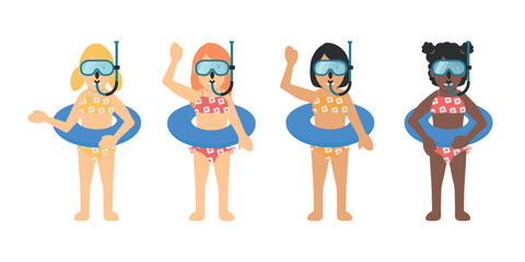Girls Children Swimsuit Bather Character. Blonde, Black and Red Hairs, White, Brown and Black Skins, Wearing Bikinis, Buoy and Diving Mask.