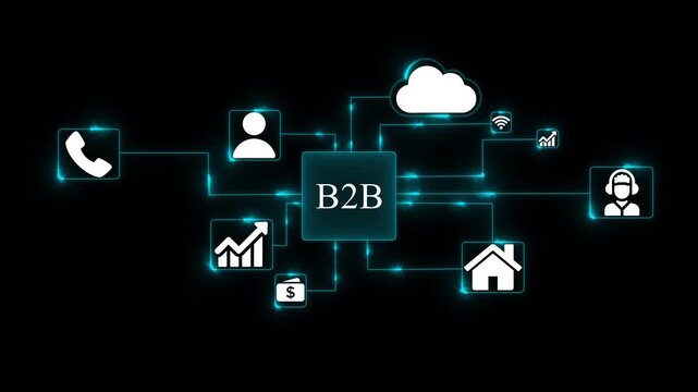 B2 B business network diagram with icons for communication finance growth cloud technology and customer service glowing neon lines on black background