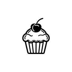 A simple line drawing of a cupcake with a cherry on top and a white background in a square format