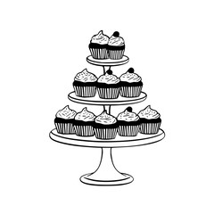 A three tiered stand filled with cupcakes with frosting and cherries on a white background image art