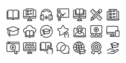 aspects, caps, whiteboard, classroom, modern, illustration, learning, teaching, course, webinar, resources., online, digital, student, white, design, education, study, headphones, vector, learning, vi