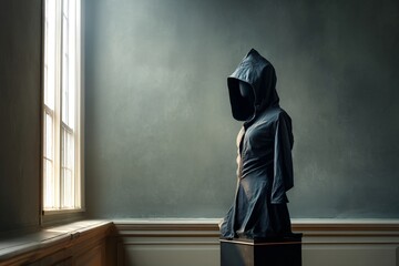 Mysterious Hooded Figure Sculpture in a Dimly Lit Room, creating a sense of intrigue and secrecy