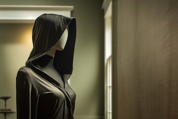 A hooded mannequin in a dark robe stands in a dimly lit room, creating a mysterious atmosphere.