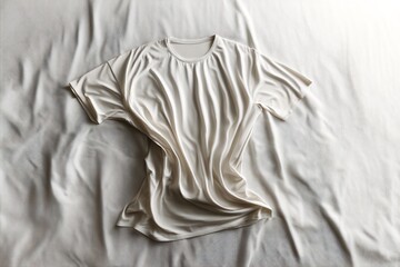 Cream-colored t-shirt delicately draped on a bed, showcasing soft texture and minimalist style