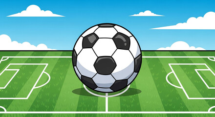 Naklejka premium Dynamic soccer ball centered on vibrant green field with clear blue sky and fluffy clouds, ready for action