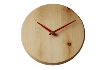 Wooden clock face with red hands centered on black