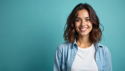 Fototapeta premium Young woman smiles widely at camera. She feels happy, positive, content. She wears casual clothes in studio with copy space. Her cheerful face shows genuine delight.