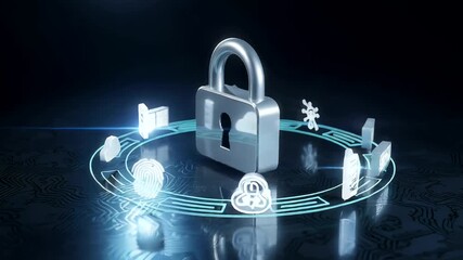 Digital security concept featuring a padlock surrounded by icons representing data protection - Powered by Adobe