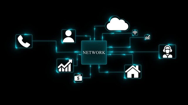 Digital network diagram connecting cloud computing user icons financial growth home symbol and communication icons with glowing blue lines on black background technology concept - Powered by Adobe
