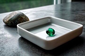 A vibrant green emerald rests in a pristine white ceramic dish, a minimalist display of natural beauty and luxury.