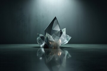 Stunning crystal cluster reflection on dark surface, dramatic lighting, elegant minimalism
