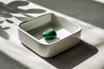 A polished green jade gemstone rests in a minimalist white ceramic bowl, illuminated by natural light and shadow.