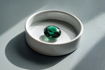 A mesmerizing green emerald gemstone rests within a minimalist white ceramic bowl, bathed in soft studio lighting.