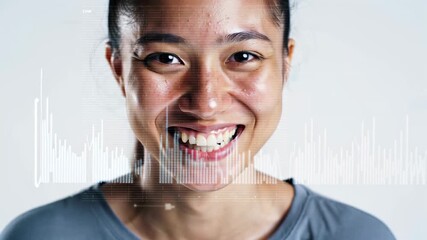Young woman smiling and turning head with digital sound wave around face close-up frontal view happy emotion technology concept possible variations with emotion changes and digital graphics overl - Powered by Adobe