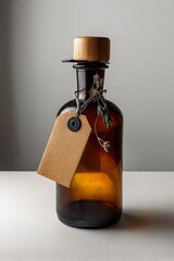 An amber glass bottle with a wooden stopper, blank label tag, and dried herbs, showcased in a minimalist, rustic style.