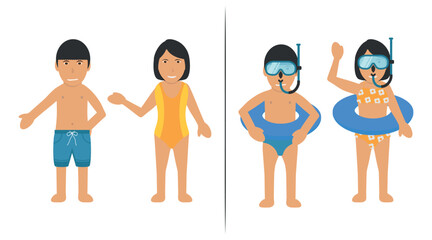 Children Bather Characters Wearing Swimsuit. Black Hair, Brown Skin Boy and Girl Wearing Shorts, Swimsuit Trunks, Bikini, Buoy and Diving Mask.