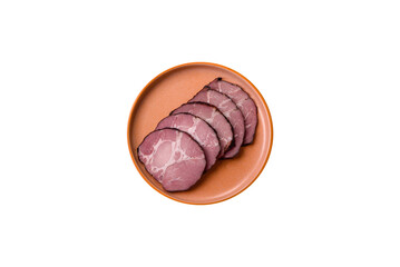 Ham, a meat cooked and sliced for sandwiches or Christmas table. Ham slices