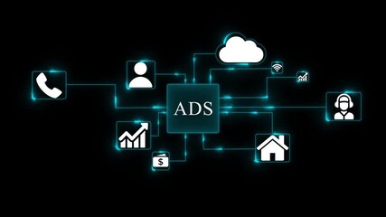 Digital advertising network diagram connecting customer service sales growth and cloud technology with icons for phone house wifi and user profiles - Powered by Adobe
