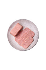 Spiced ham slices, canned meat for lunch sandwiches. Spiced ham as a food background