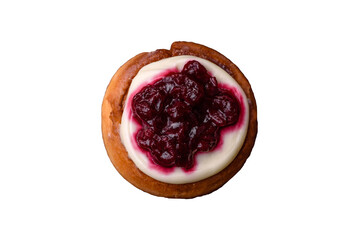 Cinnamon roll, a sweet bun with citrus, cherries, and chocolate, a Danish dessert with cream