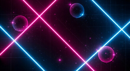 Dynamic neon laser grid with glowing spheres and starry cosmic background creates a vibrant futuristic abstract scene