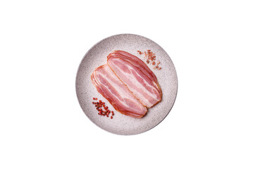 Meat, raw pork bacon sliced, organic food, protein for snacks. Raw bacon as a background