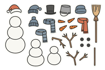 Snowman accessories and parts for winter decoration illustration  