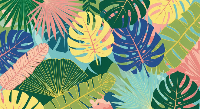 Fototapeta Vibrant tropical foliage pattern with bold colors and lush leaf designs, perfect for summer themes and stylish backgrounds