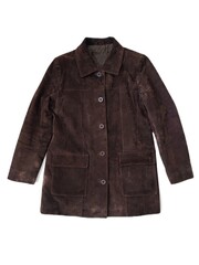 Naklejka premium Dark chocolate brown real suede trench coat flat lay top view on white background isolated. Genuine leather 90s style women's jacket with buttons and collar. Elongated spring fall outerwear.