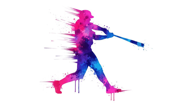 Dynamic baseball player silhouette swings bat with vibrant watercolor splash effect, capturing athletic motion and energy for sports themes.
